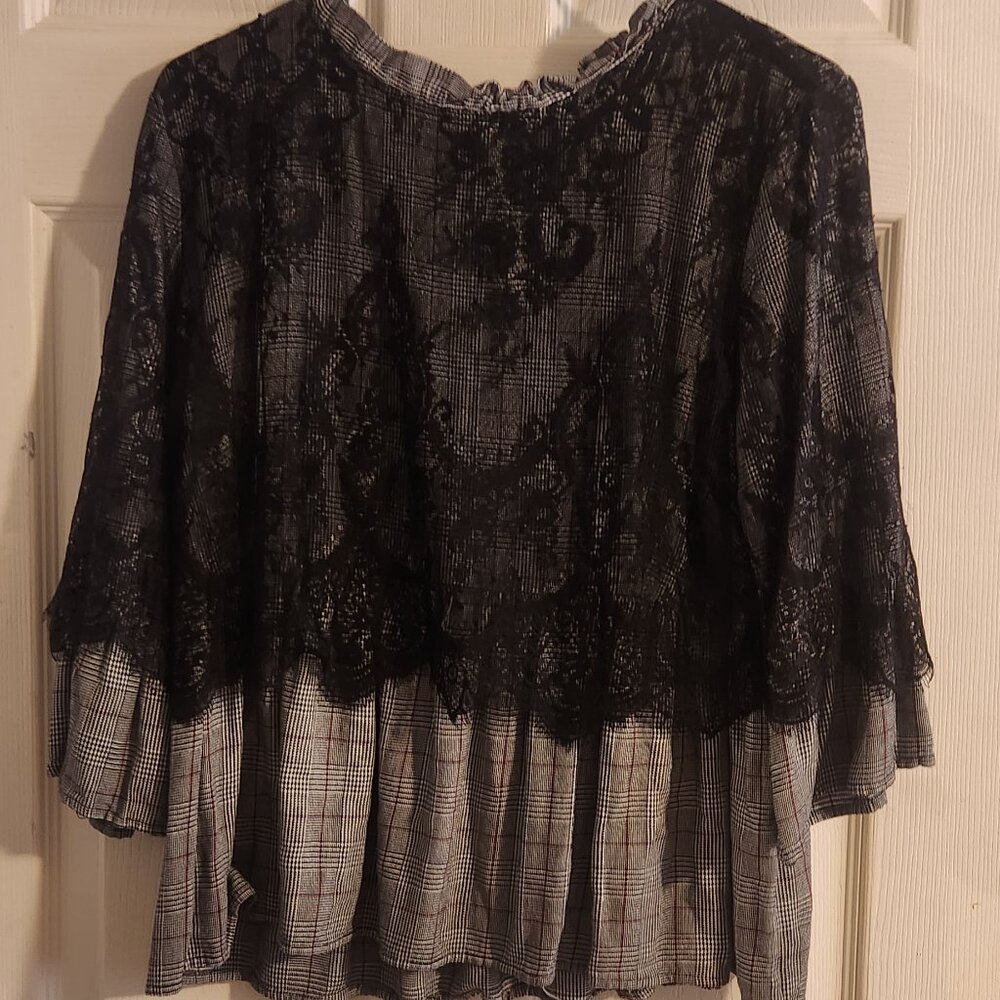 Black Lace & Grey Plaid Mixed Media Peplum Blouse - 3/4 Sleeve